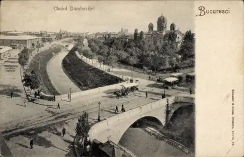 Ak București Bukarest Rumänien, Fluss Dâmbovița, Brücke, Gebäude, Bäume, Straßenverkehr