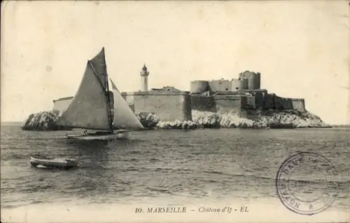 Ak Marseille Bouches du Rhône, Chateau d'If,  Segelboot, Poststempel