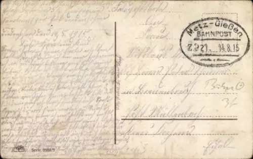 Bahnpoststempel Metz - Gießen, Zug 221, 14.8.15, auf Ak