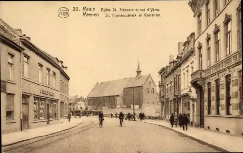 Ak Menin Menen Meenen Lys Westflandern, Eglise St. Francois et Rue d'Ypres