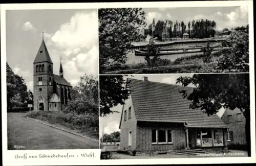 Ak Schmedehausen Greven in Westfalen, Kirche, Kanalpartie, Geschäft A. Dermann
