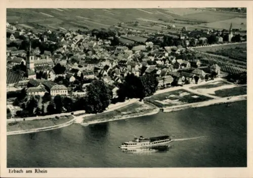 Ak Erbach im Rheingau Eltville am Rhein Hessen, Luftaufnahme von  Fluss mit Dampfschiff, Weinberg