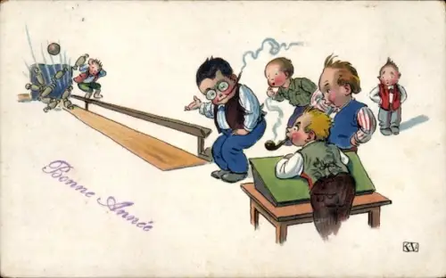 Litho Männer beim Kegeln, Alle neune, Strike, Erma 1920