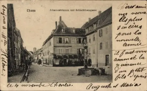 Ak Thann Elsass Haut Rhin, Johannesbrunnen, Schlachthausgasse