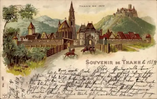 Litho Thann Elsass Haut Rhin, Ort im Jahre 1600