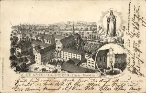Litho Reiningue Reiningen Elsass Haut Rhin, Zisterzienser Abtei Oelenberg, Façade der alten Kirche
