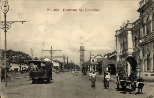 Ak Colombo Ceylon Sri Lanka, Chatham Straße, Straßenbahn