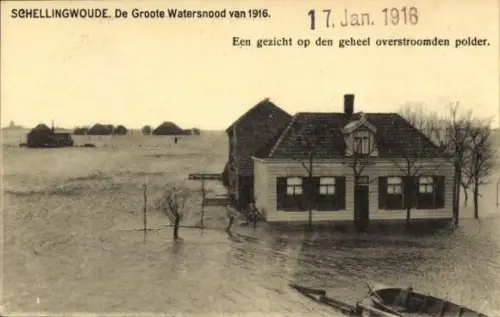 Ak Schellingwoude Amsterdam Nordholland Niederlande, große Flut, vollständig überfluteter Polder