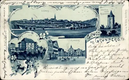 Litho Grünberg in Hessen, Gesamtansicht, Diebsturm, Burg, Marktplatz