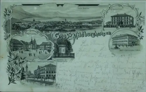 Mondschein Litho Hildburghausen in Thüringen, Gesamtansicht, Gymnasium, Marktplatz, Denkmal, Schule