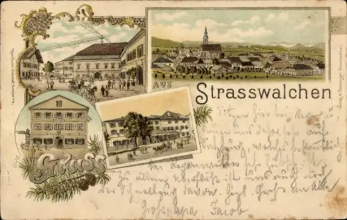 Litho Straßwalchen in Salzburg Österreich, Gesamtansicht, Marktplatz, Gasthaus