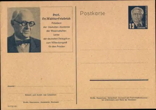 Ganzsachen Ak Prof. Dr. Walther Friedrich, Präsident der Deutschen Akademie der Wissenschaften, DDR