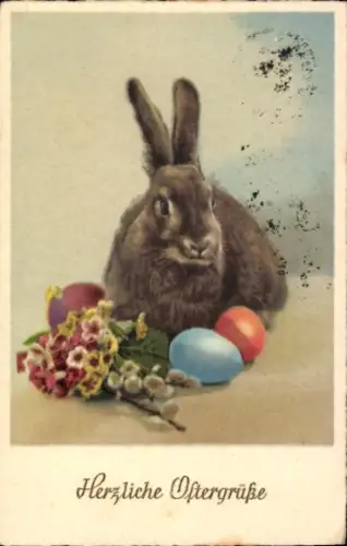 Ak Glückwunsch Ostern, Osterhase, Ostereier, Weidenkätzchen