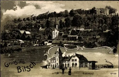 Litho Bitche Bitsch Lothringen Moselle, Gesamtansicht, Bahnhof