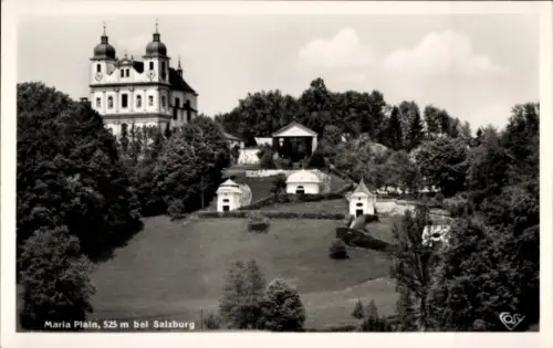 Ak Maria Plain Bergheim in Salzburg, Wallfahrts-Basilika, Maria Plain, Bäume, Hügel