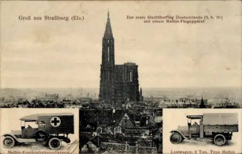 Ak Straßburg Elsass Bas Rhin, Mathis-Flugapparat, Krankentransportwagen