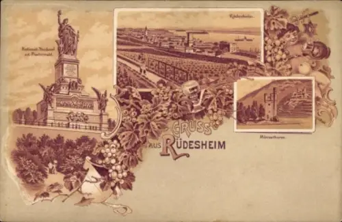 Litho Rüdesheim am Rhein, Niederwald Nationaldenkmal, Panorama, Mäuseturm, Wein