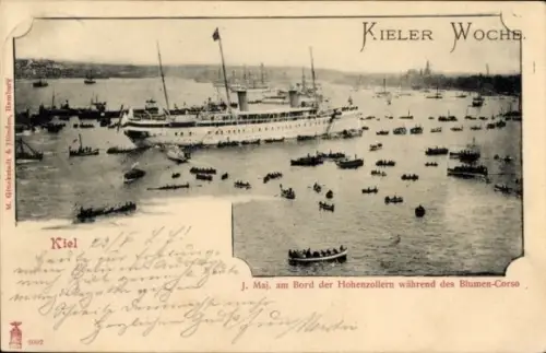 Ak Kiel, Kieler Woche, Kaiser an Bord der SMY Hohenzollern, Blumencorso
