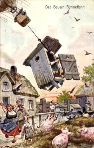 Künstler Ak Thiele, Arthur, Des Bauern Himmelfahrt, Ballon wirft Anker, Latrine, Humor