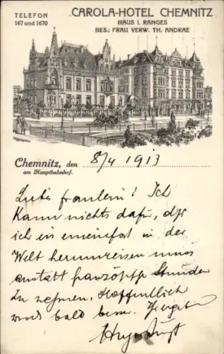 Ak Chemnitz in Sachsen, Carola-Hotel  Hauptbahnhof, 1913