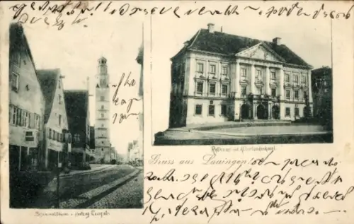 Ak Lauingen an der Donau Schwäbische Alb, Rathaus, Albertusdenkmal,  Straßenansicht