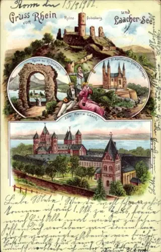 Litho Rolandseck Remagen am Rhein, Ruine, Laacher See, Abtei Maria Laach, St. Apollinaris Kirche
