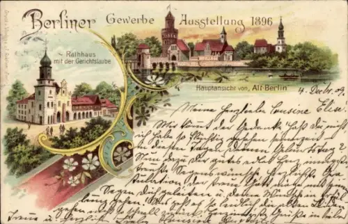 Litho Berlin Treptow, Gewerbeausstellung 1896, Rathaus mit Gerichtslaube