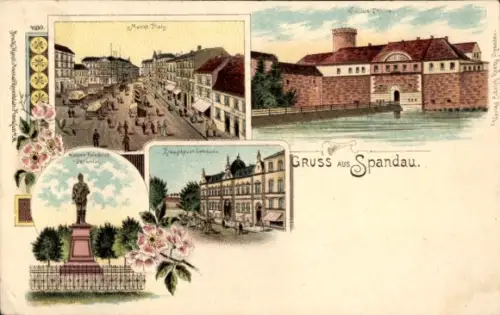 Litho Berlin Spandau, Marktplatz, Kaiser Friedrich Denkmal, Post