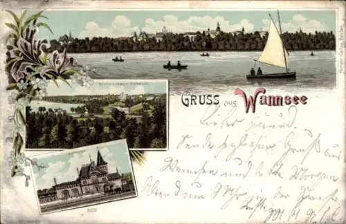 Litho Berlin Zehlendorf Wannsee, Blick vom Alsen Denkmal, Bahnhof, Segelboot