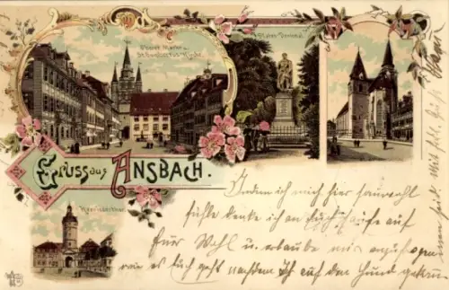 Litho Ansbach in Mittelfranken Bayern, Markt, St. Gumbertus-Kirche, Plates Denkmal