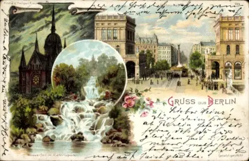 Litho Berlin Kreuzberg, Hallesches Tor, Viktoriapark mit Wasserfall, Kirche zum Heiligen Kreuz