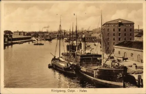 Ak Kaliningrad Königsberg Ostpreußen, Hafenansicht, Schiffe,  Ostpreußen, Text auf Deutsch
