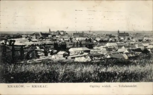 Ak Kraków Krakau Polen, Panoramablick auf  Häuser, Landschaft, Text in Polnisch und Deutsch