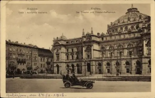 Ak Kraków Krakau Polen,  Theater, Kaffeehaus, Auto,  Szenerie