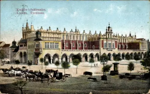 Ak Kraków Krakau Polen, Kraków Sukiennice, Tuchhaus, Pferdewagen, Bäume, Menschen