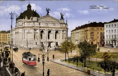 Ak Lwiw Lwów Lemberg Léopol Ukraine, Theatergebäude, Straßenbahn, Bäume, Menschen,  Lemberg