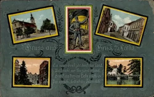 Ak Bruck an der Leitha in Niederösterreich,  mit vier Bildern, Soldat mit Fahne, Landschaft, Stad