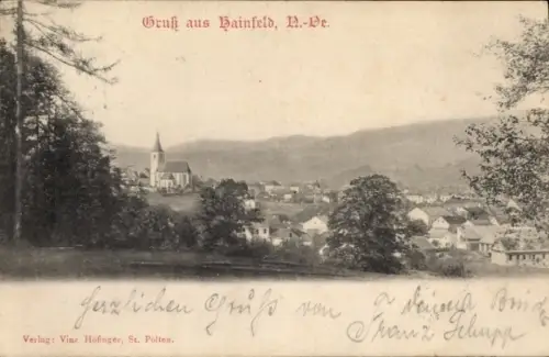 Ak Hainfeld in Niederösterreich, Gruß aus  Kirche, Landschaft, Verlag: Vinz, Höfinger, St. Pölten