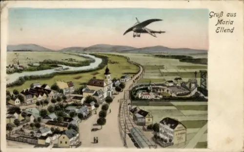 Ak Maria Ellend Niederösterreich, Luftbild von  Fluss, Häuser, Kirche, Flugzeug