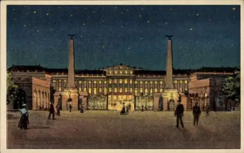 Ak Wien 13 Hietzing Österreich, Schloss Schönbrunn, beleuchtet, Obelisken, Menschen, Nacht