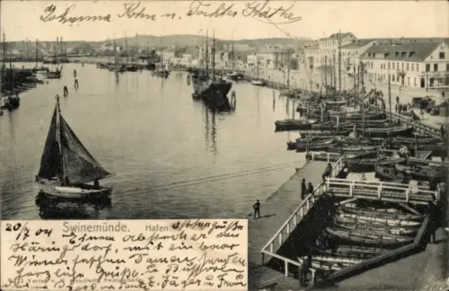 Ak Świnoujście Swinemünde Pommern, Hafen von  Boote, Segelboot, 