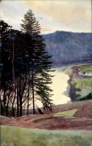 Ak Linz an der Donau Oberösterreich, Landschaft mit Bäumen, Fluss, Hügel, Kirche im Hintergrund