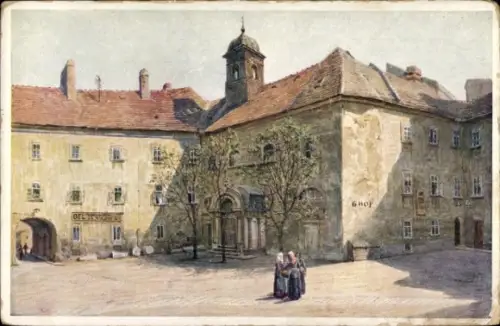 Ak Wien 1 Innere Stadt, Malerei eines Platzes, zwei Frauen in Tracht, Schriftzug OEL T, GHOP