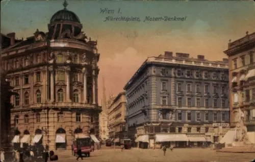 Ak Wien 1 Innere Stadt, Wien 1, Albrechtsplatz, Mozart-Denkmal,  Gebäude, Straßenansicht
