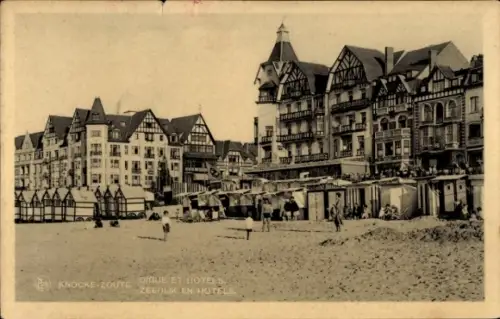 Ak Zoute Knokke Heist Westflandern,  Digue et Hotels, Zeedijk en Hotels, Strand, Gebäude