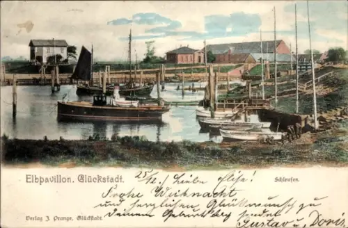 Ak Glückstadt an der Elbe, Elbpavillon,  Boote im Hafen, Weihnachtsgrüße