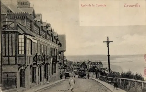 Ak Trouville sur Mer Calvados, Route de la Corniche,  Straße mit Häusern, Menschen, Laterne