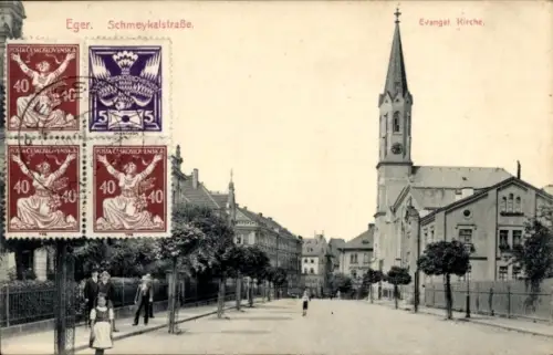 Ak Eger Erlau Ungarn,  Schmeykalstraße, Evangelische Kirche, Poststempel, Briefmarken