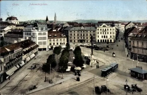 Ak Graz Steiermark, Stadtansicht, Jakominiplatz, Straßenbahn,  Gebäude