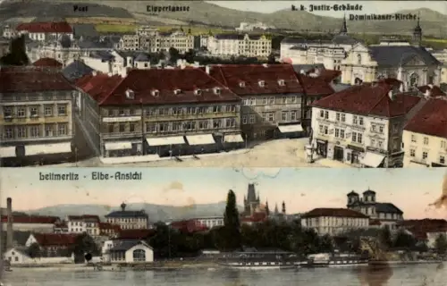 Ak Litoměřice Leitmeritz Region Aussig, Post, Lippertgasse, Justiz-Gebäude, Dominikaner-Kirche, Elbe